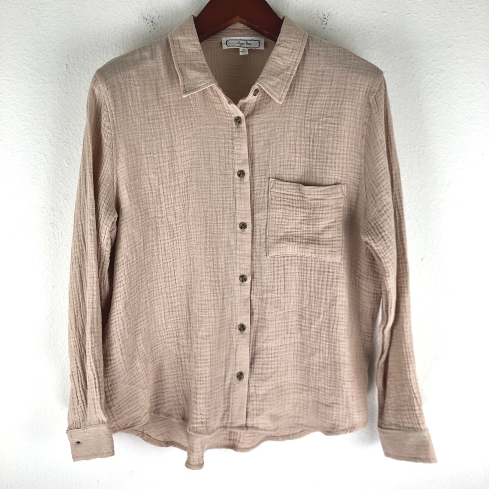 Festival Desertcore Boho Nomad Hippie Rose XL Tan Cotton Gauze Button Down Shirt